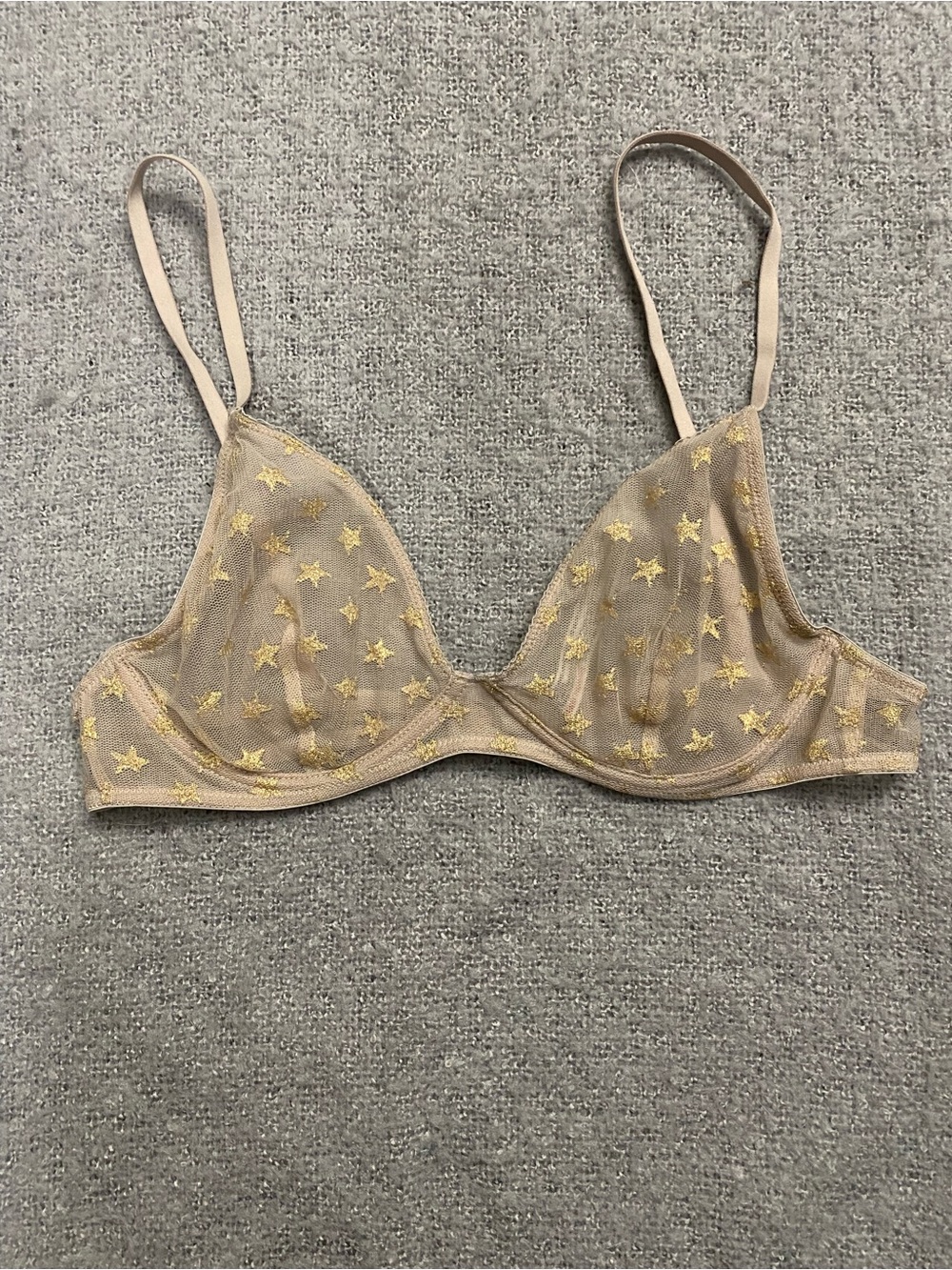 Sheer Star-Embroidered Mesh Bralette in Nude and Gold